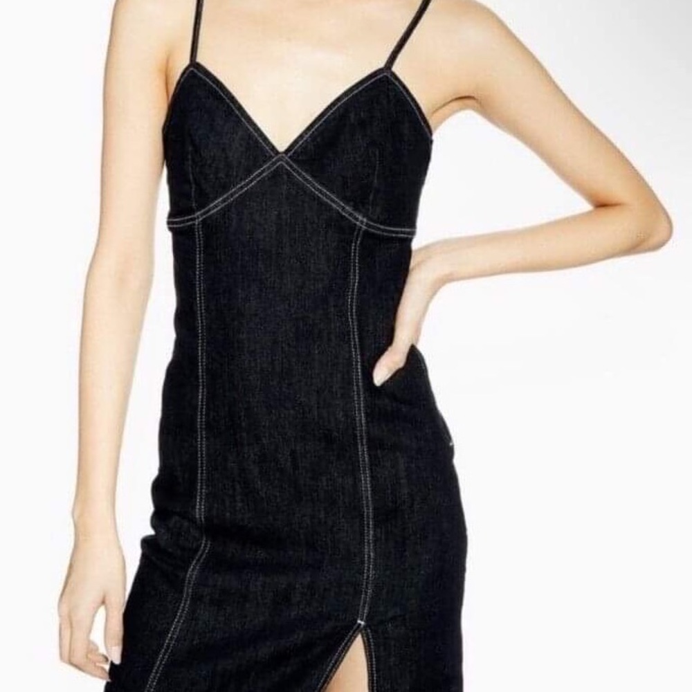 Topshop Black Spaghetti Strap Denim Midi Dress with Slit Front US Size 4 - Picture 9 of 11